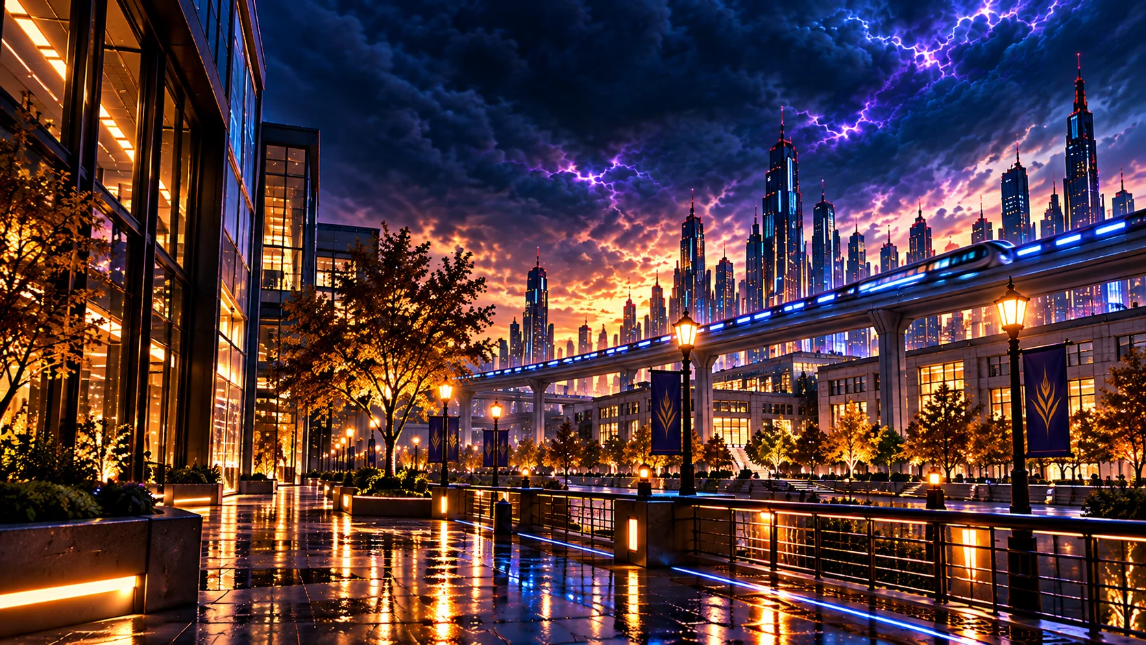 Rain-soaked Everlynde skyline with elevated transit and storm-lit clouds