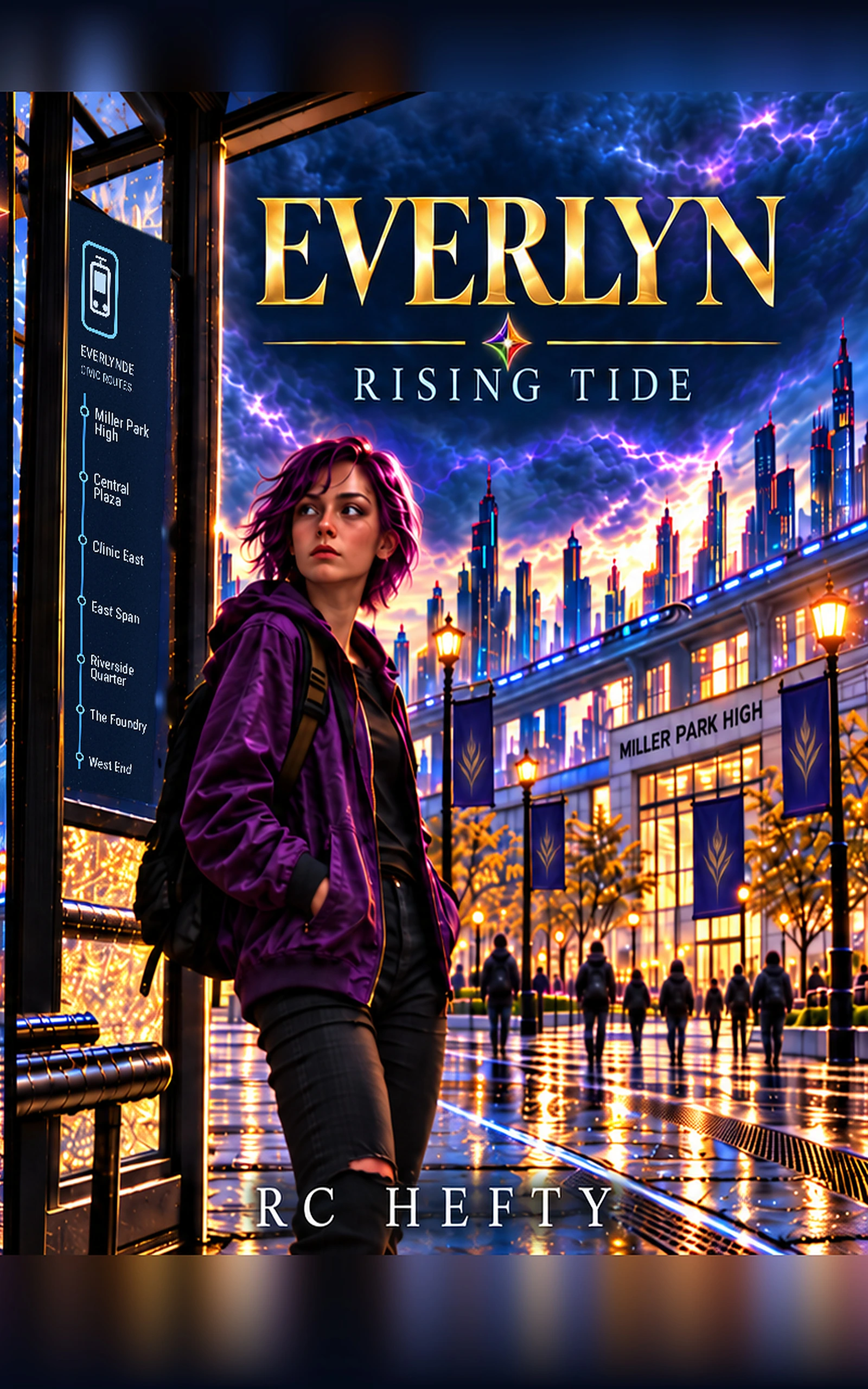 Everlyn: Rising Tide by RC Hefty — Nova Finch beside the tram stop in storm-dark Everlynde